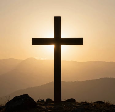 A golden cross standing tall on a hill at sunrise, bathed in divine light.