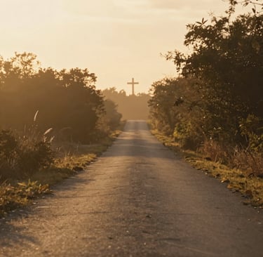 A golden cross standing tall on a hill at sunrise, bathed in divine light.