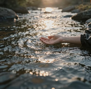 A serene scene of a glowing Bible open beside a quiet stream reflecting morning light.