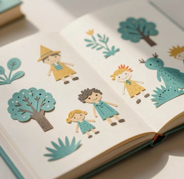 A bright, high-angle shot of an open children's book featuring whimsical paper-cutout art. The scene is illuminated with warm, natural light. Elements of #D4B281 sand-gold and #7A9E9F teal are woven into the illustrations. The style is scholarly yet imaginative, reflecting a librarian's creative touch.