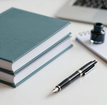 A sophisticated close-up of a stack of academic journals and a sleek fountain pen resting on a clean white desk. A subtle splash of #7A9E9F teal ink is visible on a notepad nearby. The lighting is crisp and professional, symbolizing scholarly rigor with a touch of modern design.