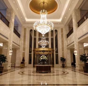 Luxurious hotel lobby with elegant lighting and comfortable seating, capturing a welcoming atmosphere.