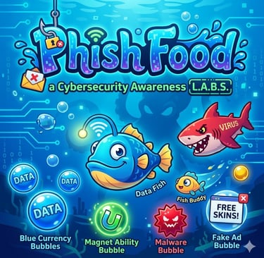 "Cover image for the educational game Phish Food, showing a digital data fish navigating a cyber oce