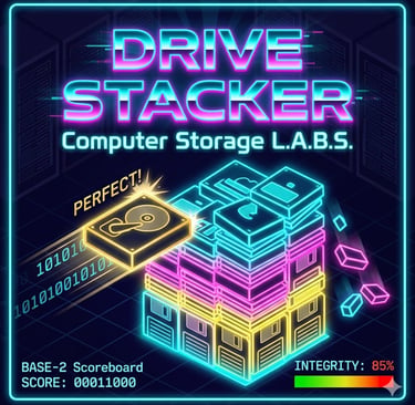 A vibrant 80s synthwave-style game cover for 'Drive Stacker: Computer Storage L.A.B.S.' The image fe