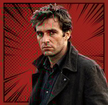 A medium shot in the style of Jean-Luc Godard's 'Pierrot le Fou'. A man looking intensely to the side, high contrast lighting, heavy film grain. The background is a flat #D4202B red with a large halftone dot pattern in #1A1A1A. Graphic comic book thick black outlines.