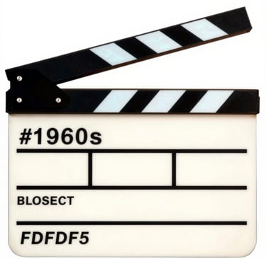 A graphic illustration of a vintage 1960s film clapperboard. Bold black #1A1A1A outlines, flat #0050B3 blue and #FDFDF5 off-white panels. Pop Art style with visible halftone trames and film texture.