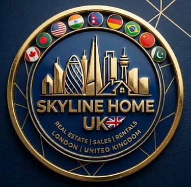 Skyline Home UK logo for London real estate sales and rentals featuring a gold skyline and international flags.