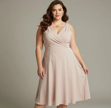 Chic plus-size model wearing a nude-toned outfit with golden accessories, smiling confidently in a minimalist room.