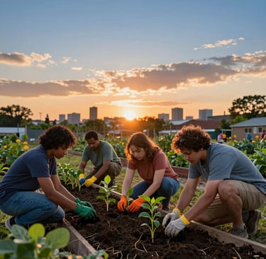 A heart-warming photography shot of a North American urban community garden at sunset. Diverse people are working together, planting new life into the soil. The warm orange and blue sky creates an atmosphere of hope and professional dignity.