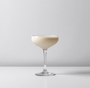 A coupe glass with a white, creamy drink against a soft neutral background.