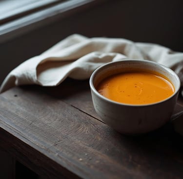 Creamy sweet potato soup in a simple ceramic bowl on a dark rustic wooden table