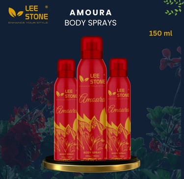 a group of three bottles of body lotion with a gold and red flower