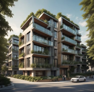 An elegant building integrated with green technology and water features.