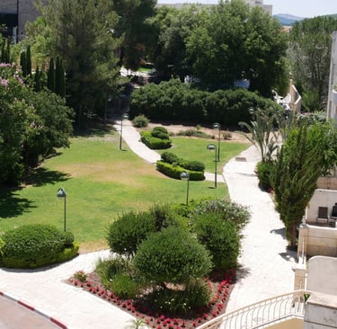 a view of a garden with a staircase and a clock tower