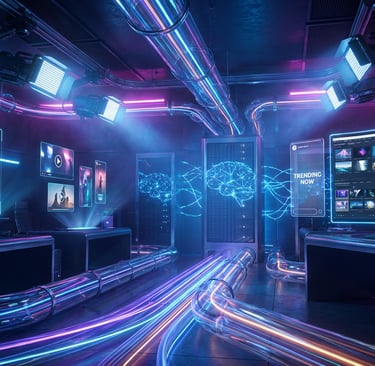 Futuristic AI video editing studio with neon fiber optic cables, server racks, and holographic digital interfaces.