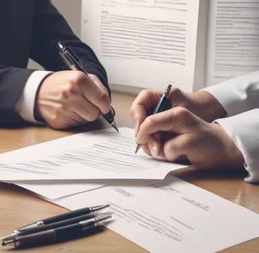 Professional consultant discussing legal documents with clients in a modern office setting.