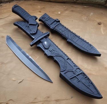 Custom printed gun holsters made with flexible TPU material displayed on a rack.