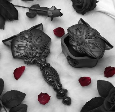 a black and white photo of a cat with a mirror