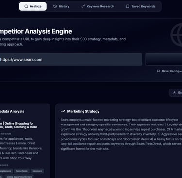 Screenshot of a SEO competitor analysis tool showing metadata and marketing strategy insights for Sears.