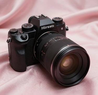 A close-up photograph of a high-end professional camera sitting on a soft silk fabric in Pale Pink. The lighting is soft and cinematic, highlighting the elegant design of the lens. Middle Eastern / Gulf luxury studio setting.