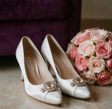 Exquisite bridal details in a Gulf wedding setting. A pair of luxury bridal shoes next to a soft rose bouquet. The background features Deep Purple and Soft Rose accents with warm, inviting lighting.