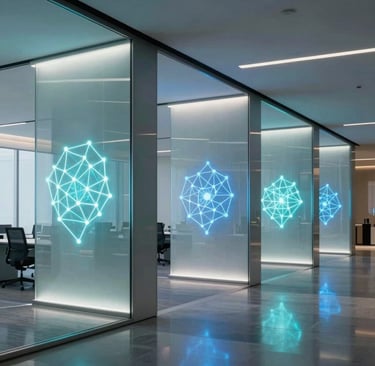 A sleek, modern corporate office in a North American / Global tech hub, showcasing illuminated neural network graphics on clean glass partitions, with soft cyan and indigo light casting modern reflections, crisp professional photography style.