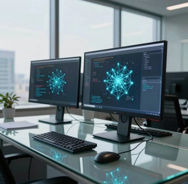 A high-end, modern workspace in a high-rise office in North American / Global, featuring sleek monitors displaying neural network diagrams and clean code. Soft cyan and indigo glow reflections on polished glass tables, morning natural light, professional and intellectual aesthetic.