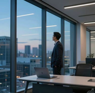 A high-end, intellectual photograph of a North American modern tech office at dusk. A business professional stands thoughtfully looking at a large glass window, with soft interior lighting highlighting a desk with a premium laptop. The atmosphere is clean, spacious, and visionary, with subtle design elements in deep blue, slate gray, and vivid cyan.