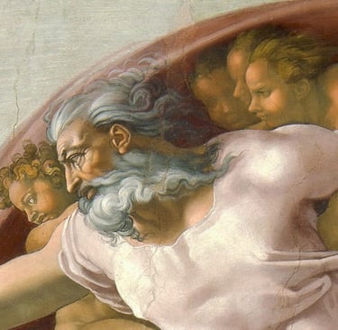 Encuadre panorámico centrado en el acercamiento de la figura de Dios volando hacia Adán.