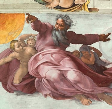 Fresco renacentista visto desde abajo que representa a la figura de Dios envuelta en una túnica rosada.