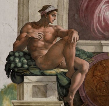 Joven atlético pintado al fresco sentado sobre un pedestal arquitectónico junto a unos medallones.