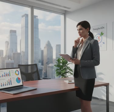 A modern office setting with a sleek desk in the foreground, featuring a laptop displaying colorful