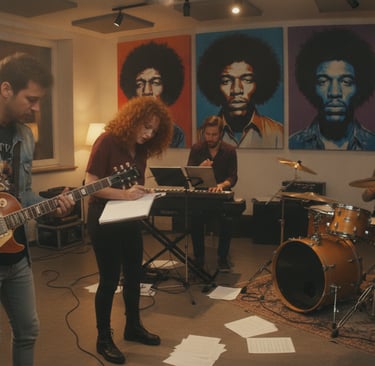 A vibrant scene portraying a group of diverse, professional musicians in a modern rehearsal studio, 