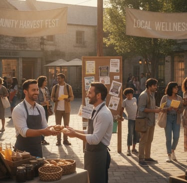 A vibrant community plaza bustling with activity, depicting a diverse group of people engaging with