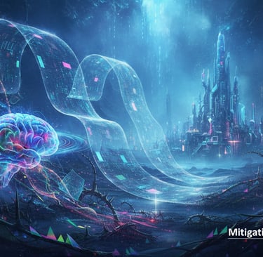 A surreal representation of artificial intelligence hallucinations, featuring an ethereal landscape 
