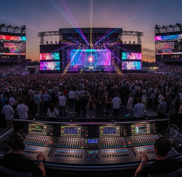 A stunning view of a world-class concert venue featuring innovative technology. In the foreground, s
