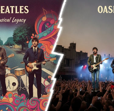 A visual comparison of musical styles between The Beatles and Oasis, featuring the two bands in a sp