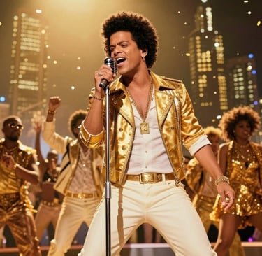 A vibrant scene capturing Bruno Mars in a dynamic performance during the "24K Magic" era.