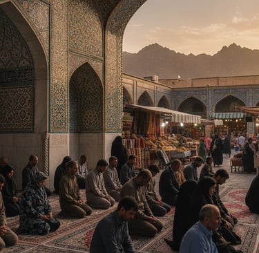 A serene scene depicting daily life in Iran centered around religion and spirituality. In the foregr