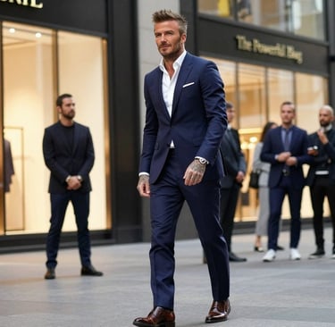 David Beckham portrayed as a global style icon, standing confidently in a modern urban setting. In t