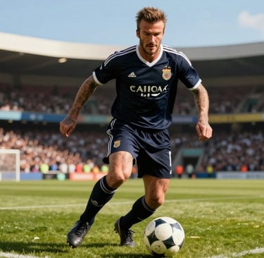 David Beckham in a dynamic soccer pose, focused and determined, capturing the essence of his precisi
