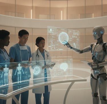 A futuristic medical diagnostic room featuring advanced artificial intelligence technology. In the f