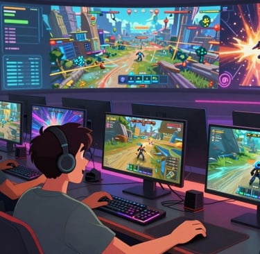 A dynamic scene depicting the evolution of online multiplayer gaming. In the foreground, a diverse g