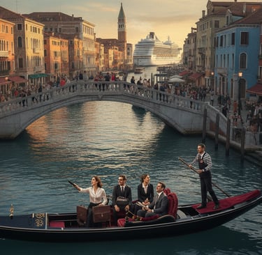A bustling scene in Venice showcasing the vibrant economic impact of tourism, specifically focusing 