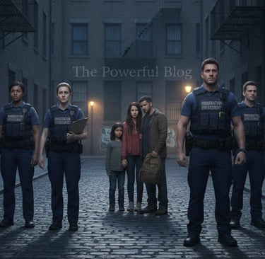 A tense urban scene depicting immigration enforcement in action. In the foreground, a diverse group 