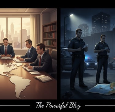 A side-by-side comparative illustration of immigration laws and enforcement, split down the middle. 