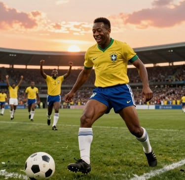 A heroic depiction of Pelé, showcasing his iconic stature and football prowess, stands in a dynamic