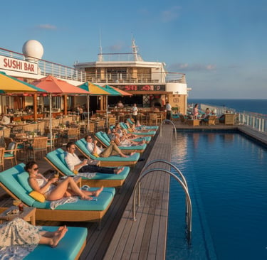 luxury cruise ship amenities showcased in a vibrant setting. In the foreground, a stunning infinity 