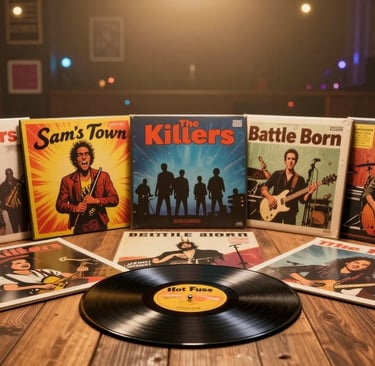 A vivid arrangement showcasing The Killers' music albums sprawled artfully on a textured wooden floo