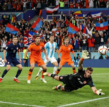 A dramatic scene of a Dutch goalkeeper in the foreground, clad in a sleek, professional kit, diving